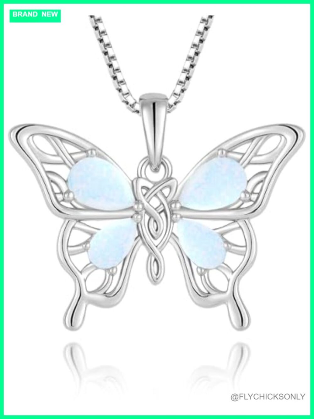 Sterling Silver Butterfly Necklace Celtic Knot Pendant White Opal